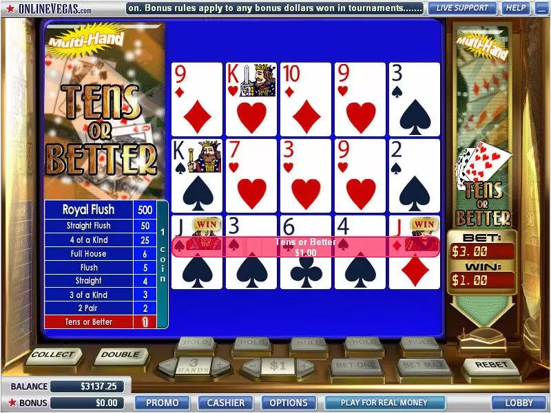 Introduction Screen - WGS Technology Tens or Better 3 Hands Poker Video Poker