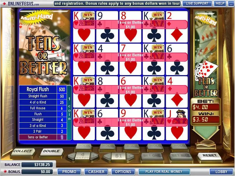 Introduction Screen - WGS Technology Tens or Better 4 Hands Poker Video Poker