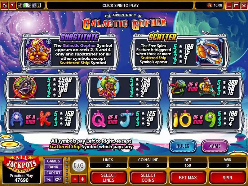Info and Rules - Microgaming The Adventures of the Galactic Gopher Slot