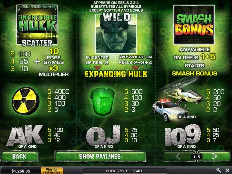 Info and Rules - PlayTech The Incredible Hulk 50 Line Slot