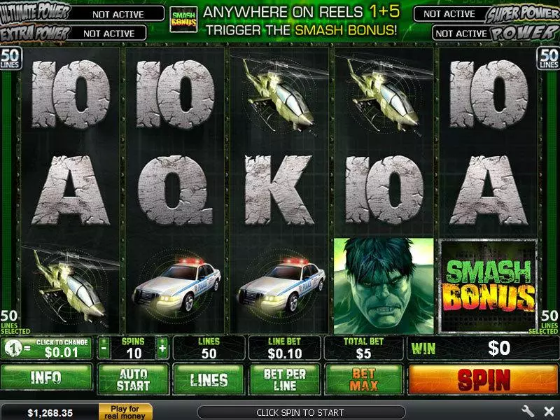 Main Screen Reels - PlayTech The Incredible Hulk 50 Line Slot