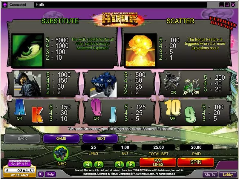 Info and Rules - 888 The Incredible Hulk Slot