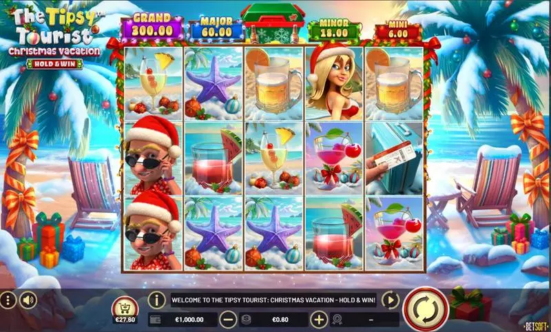 Main Screen Reels - BetSoft The Tipsy Tourist - Christmas Vacation Slot